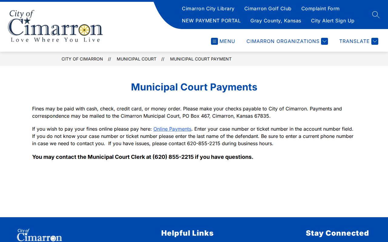Cimarron municipal court payment instructions and ticket lookup route
