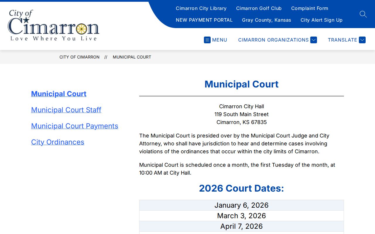 Official Cimarron Municipal Court page showing city court contact information