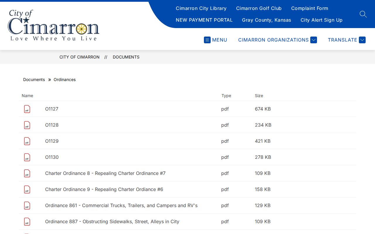 Cimarron ordinance index with municipal court and traffic entries