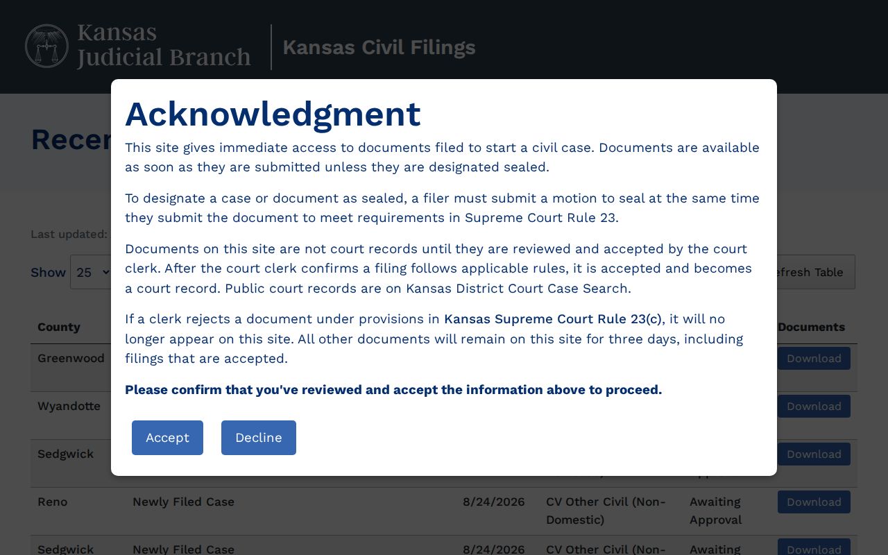 Gray County civil docket filing records from Kansas Courts