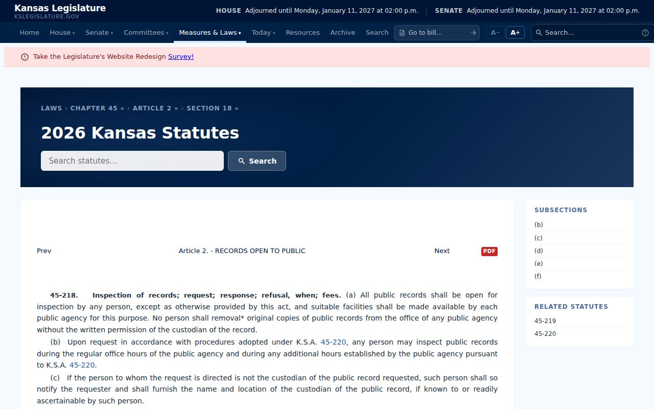 Kansas statute 45-218 governing inspection of Gray County public records