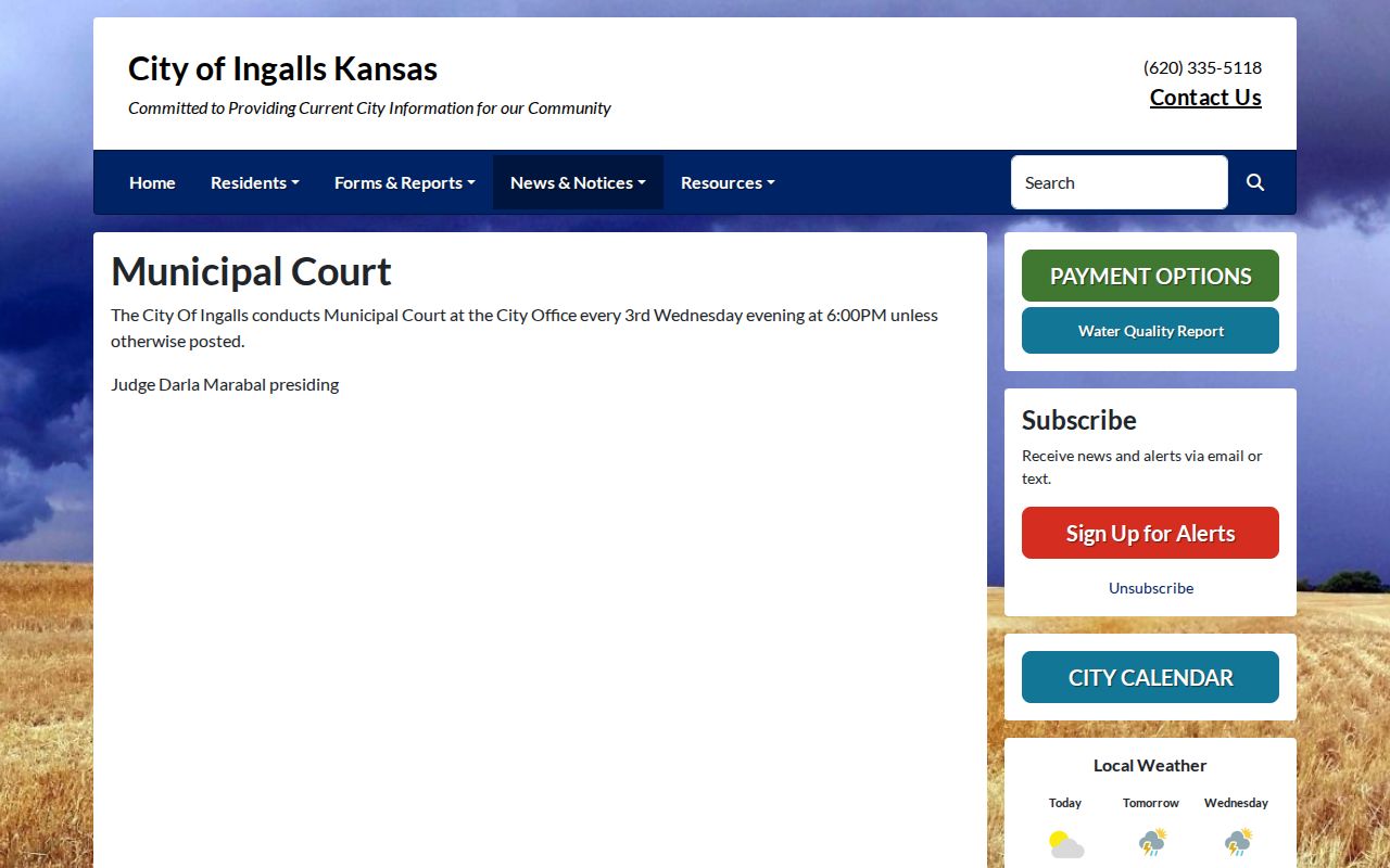 Official Ingalls Municipal Court page with third-Wednesday session information